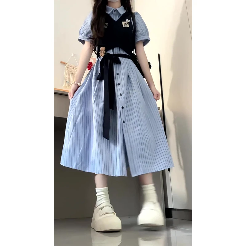 衬衫连衣裙韩系穿搭翻领收腰显瘦设计感短袖学院风条纹假两件裙子