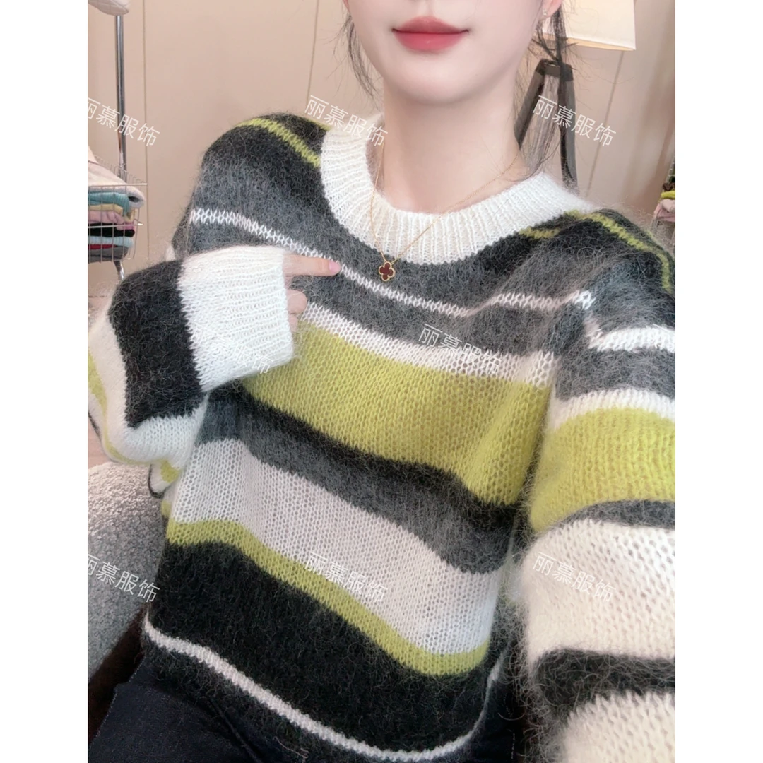 【慵懒绿灰调】软糯马海条纹拼色慵懒风时尚穿搭针织衫毛衣2068
