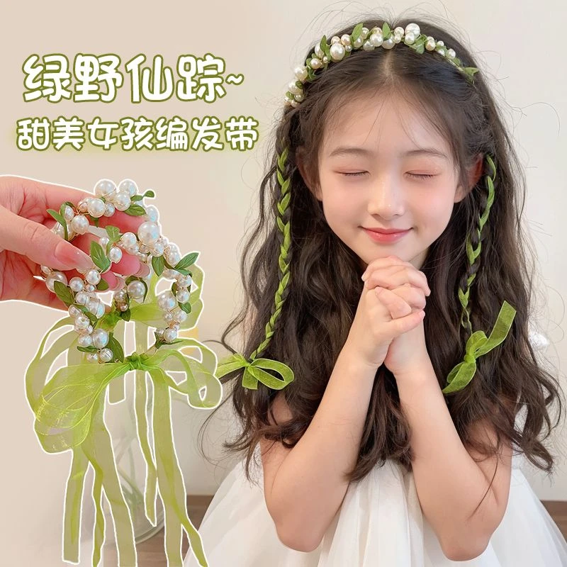 森系儿童花环头饰超仙小女孩飘带编发发箍2025新款出游拍照头花