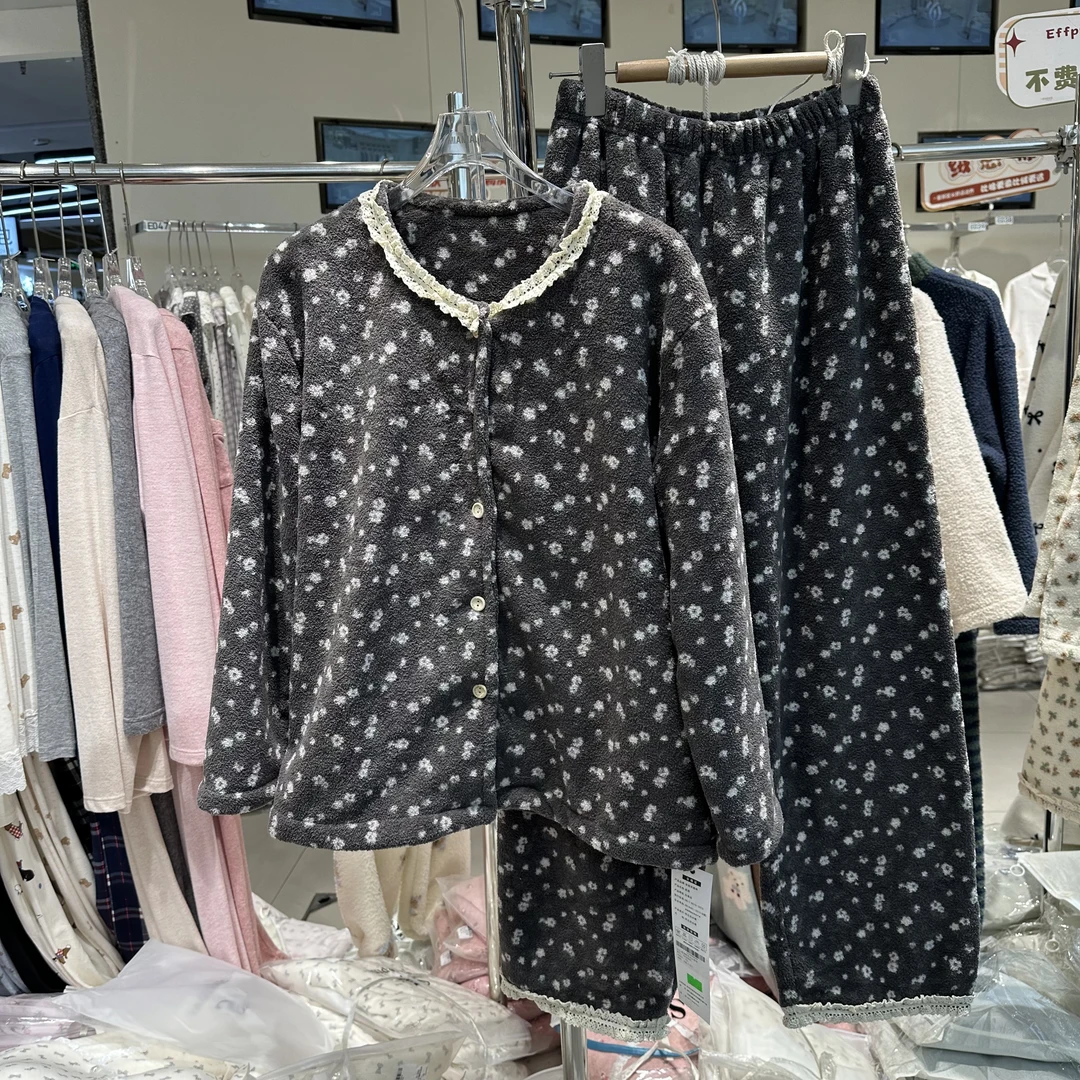 【美娜服饰】秋冬新款摇粒绒开衫圆领小碎花套装