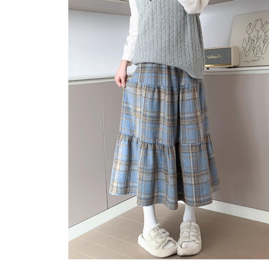 300斤秋冬时尚休闲学院风高腰A字裙格子半身裙韩版复古新款毛呢裙