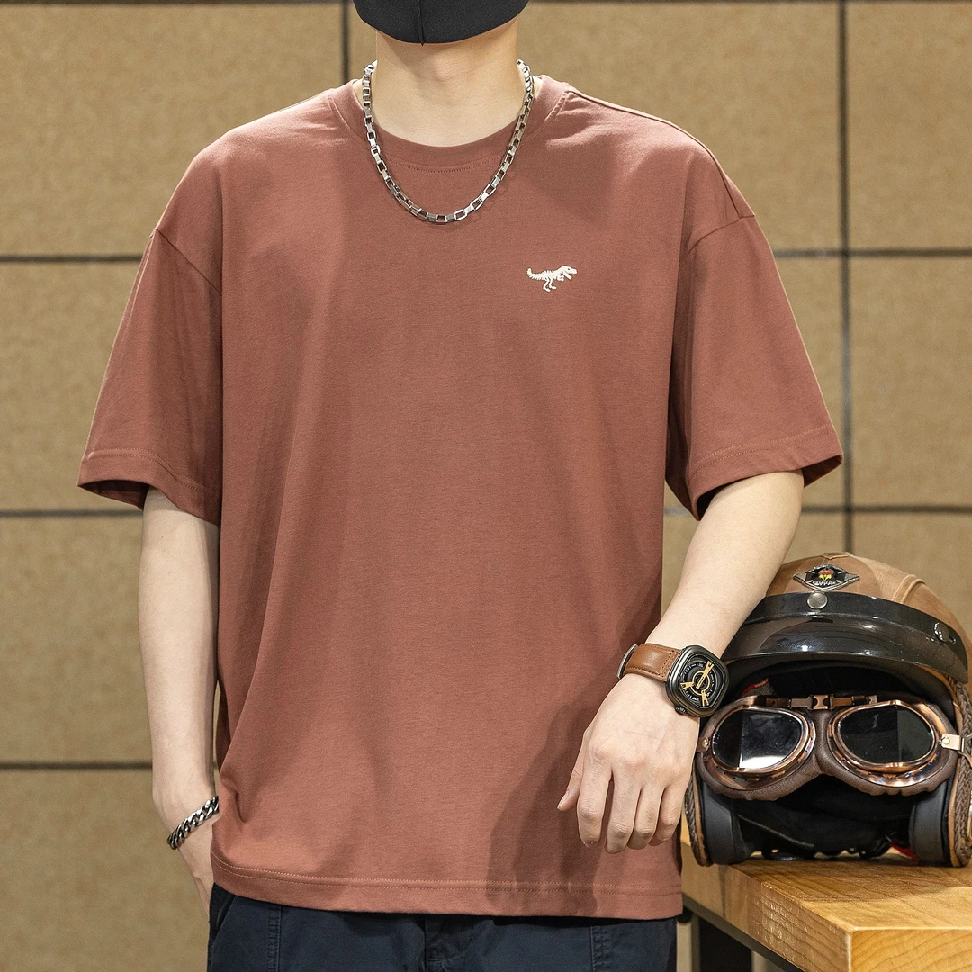 美式潮牌小恐龙刺绣圆领纯棉t恤男夏季新款重磅宽松休闲红色短袖T