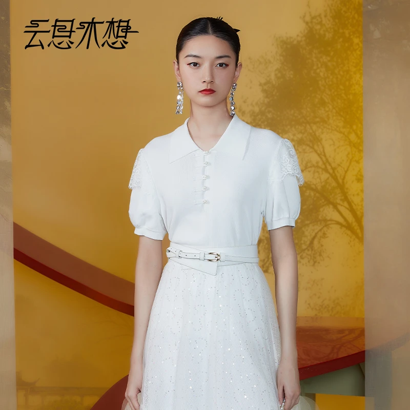 Ysimo-X云思木想新中式2024夏季新款盘扣袖子蕾丝毛针织衫11571