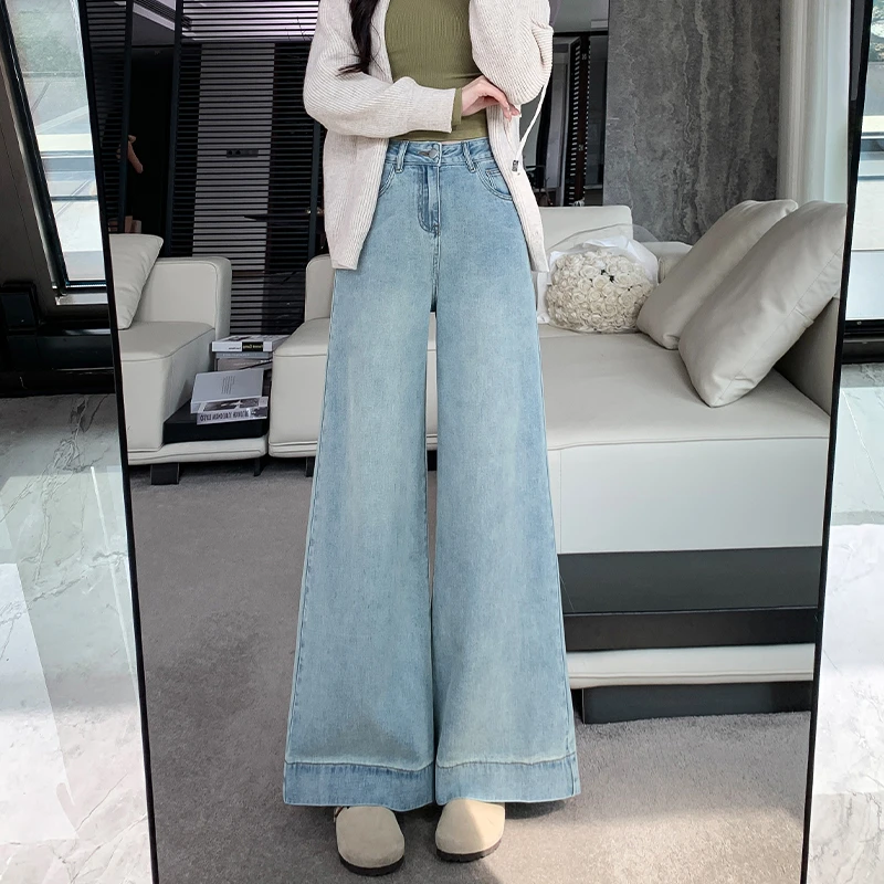 浅蓝色阔腿牛仔裤女夏天薄款小个子高腰宽松遮胯垂感拖地喇叭