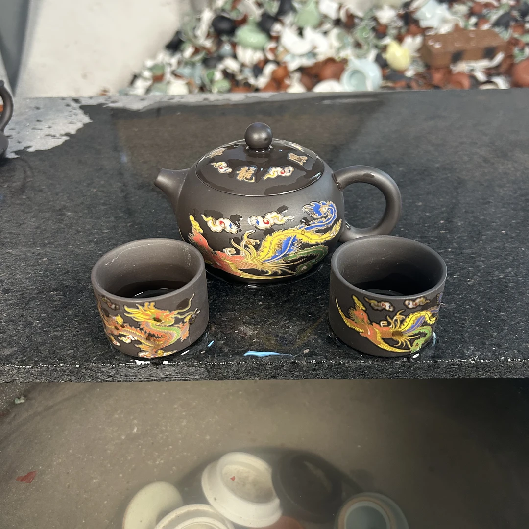 黄龙山原矿紫砂龙凤呈祥变色西施壶（1壶+2直筒杯）A