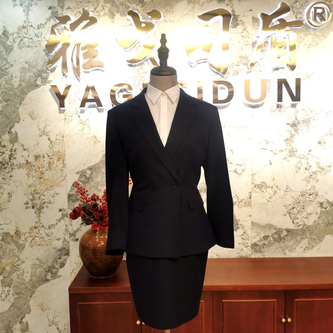 【雅戈司盾】平驳领双排扣条纹藏青色西装女士职业套装修身商务