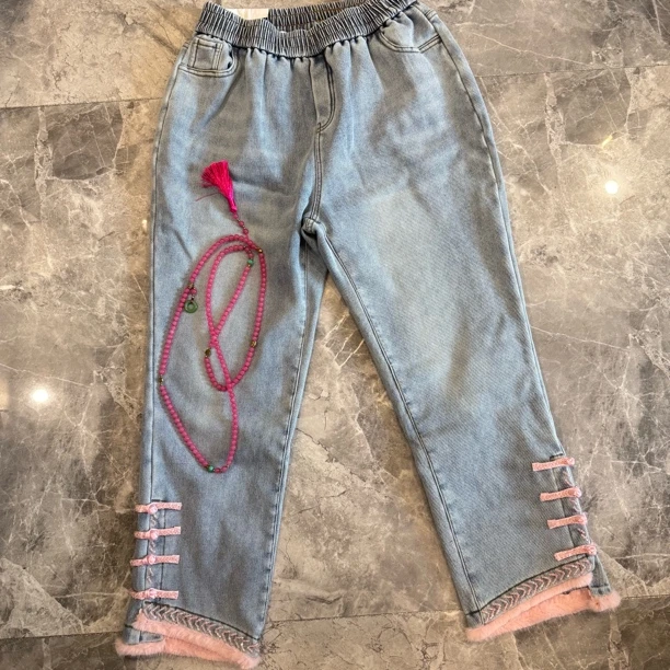 冬季爆款加绒国潮粉粉毛绒牛仔裤