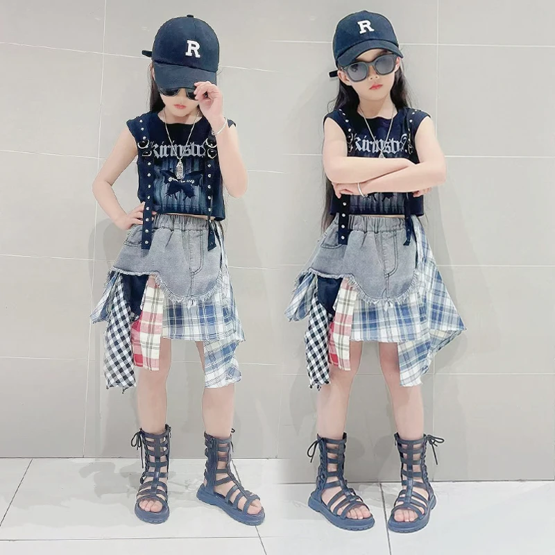女童中大童夏季炸街时髦舞蹈背心拼色牛仔短裤两件套街舞个性套装