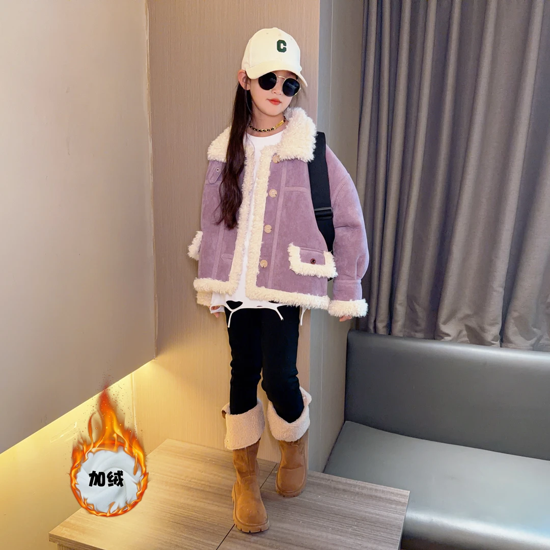 女童加绒外套2025新款儿童皮毛一体加厚毛毛秋冬装机车服夹克上衣