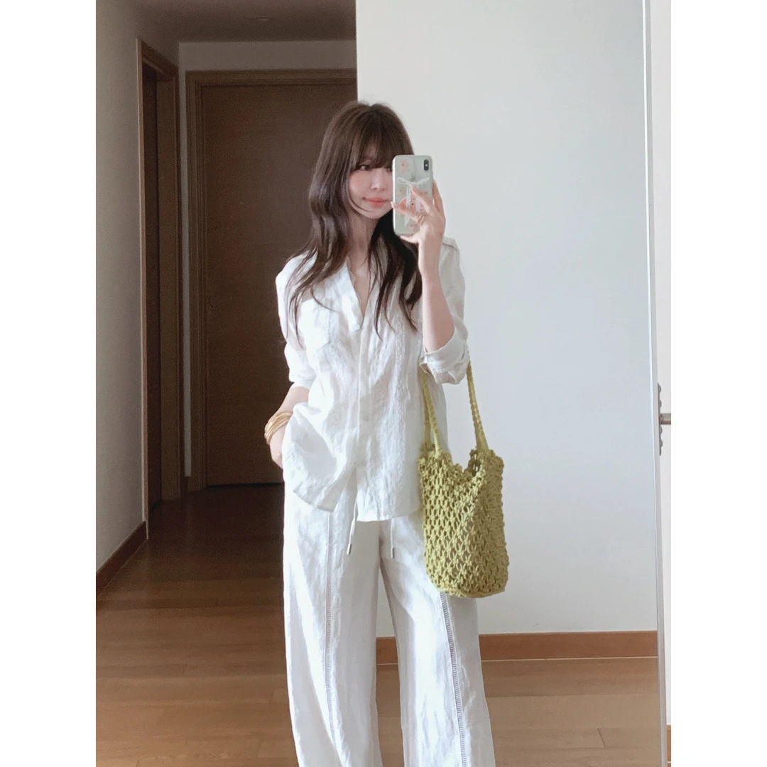白色简约亚麻长袖衬衫外套女夏季休闲风时尚气质宽松薄款防晒衬衣