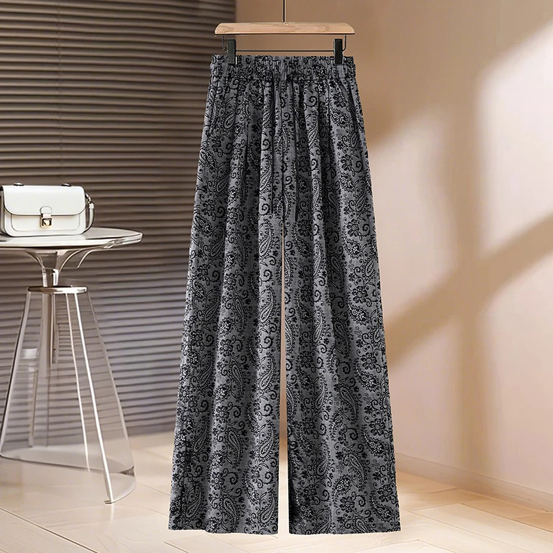 提花棉麻阔腿裤女2025夏季新款休闲裤宽松垂感薄款腰果花直筒裤子