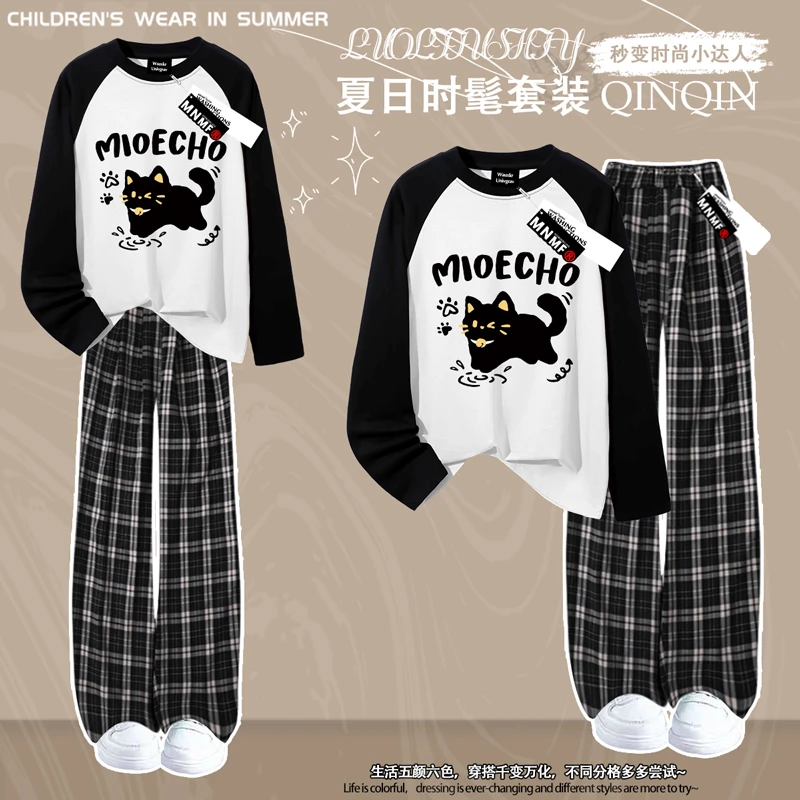 卡通小猫男女童春秋季纯棉长袖格子裤套装中大童阔腿长裤两件套潮