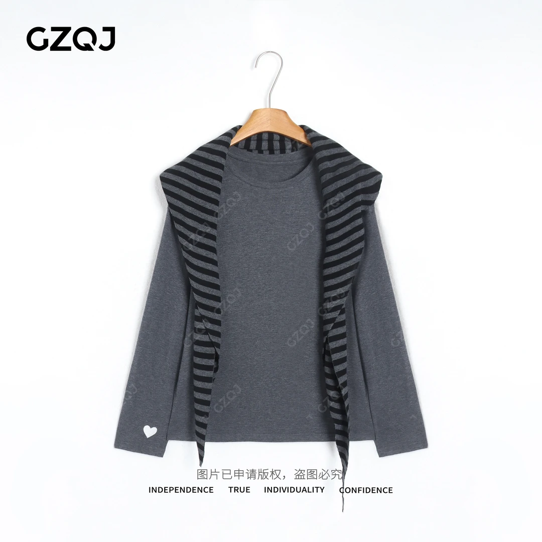 老琴私服【叠影条纹】 时尚韩版条纹披肩长袖圆领T恤两件套女9683