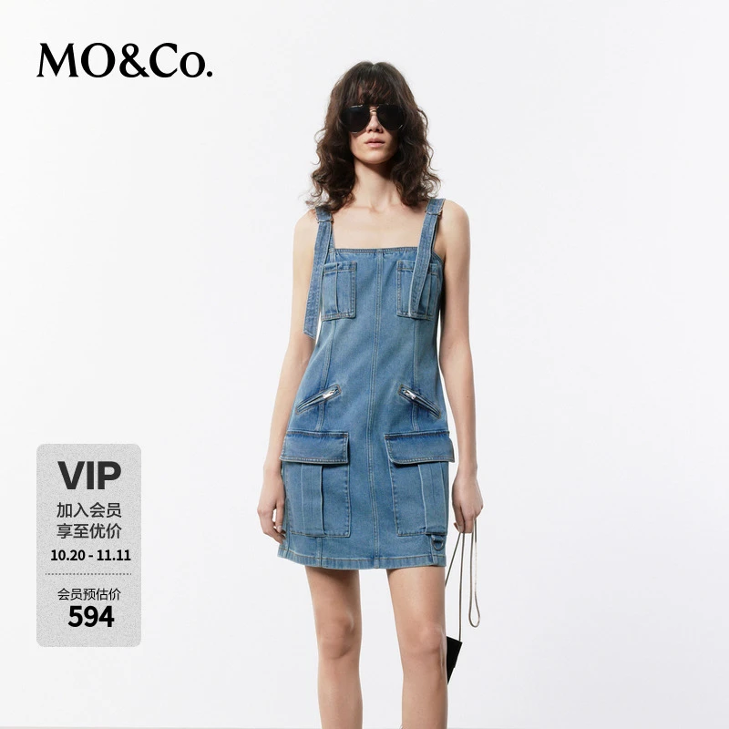 MOCO夏工装风背带吊带牛仔连衣裙辣妹MBD2DRST02