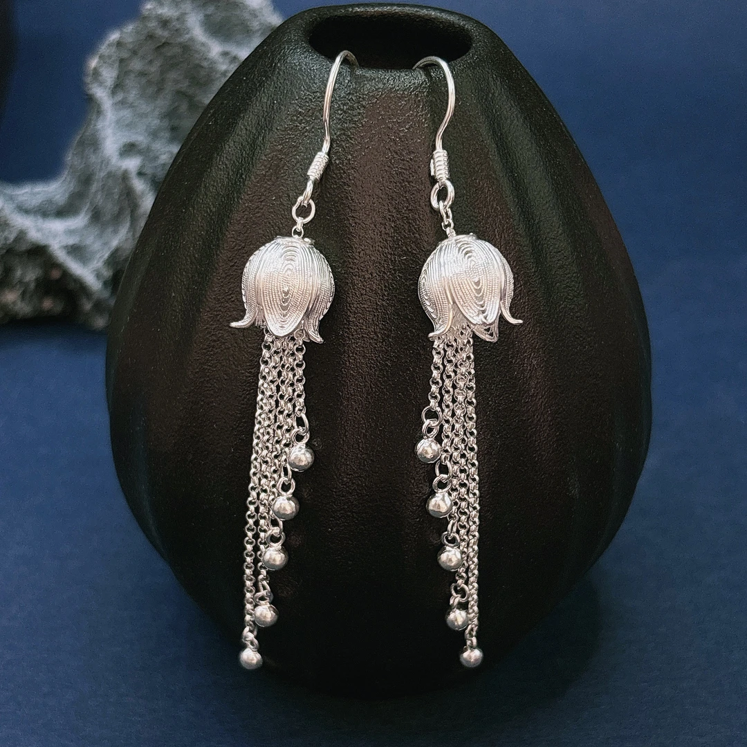 足银耳饰 足银铃兰花花丝工艺流苏6240精致大方时尚国风古风耳坠