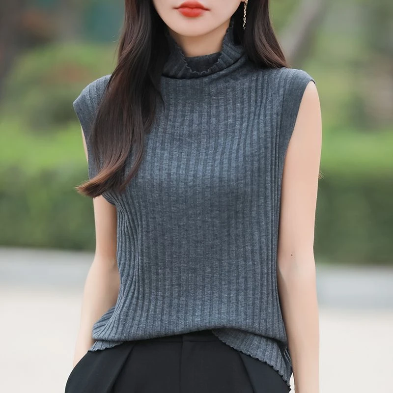 春夏新款堆堆领无袖针织背心女精纺羊毛款宽松气质内搭外穿无袖