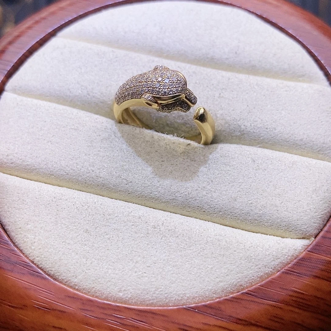 钻石戒指/指环18K金镶嵌k黄豹子小号半钻祖母绿戒指