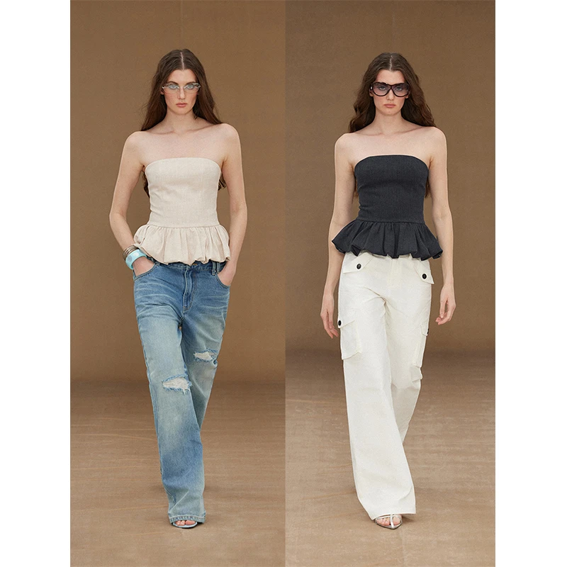 randpickee |retro系列-抽褶花苞下摆弹力松紧抹胸上衣