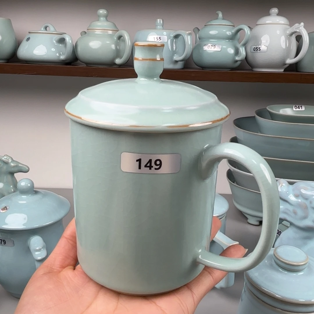 陶摆件汝瓷办公杯两件套圈足烧仿古釉微微瑕