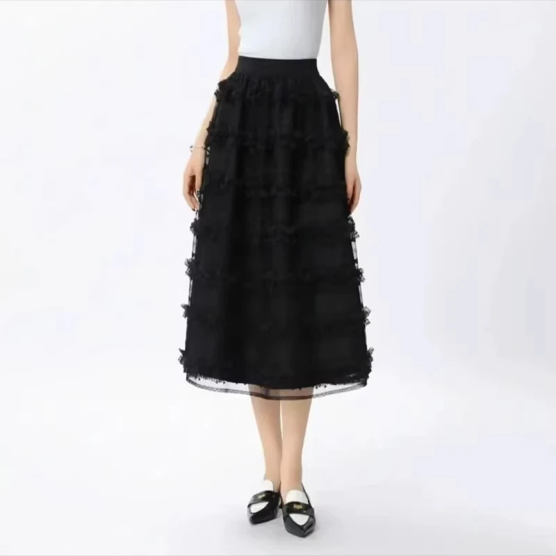 商场同款2025春夏新款优雅蕾丝花边蛋糕A字裙中长半身裙女520038