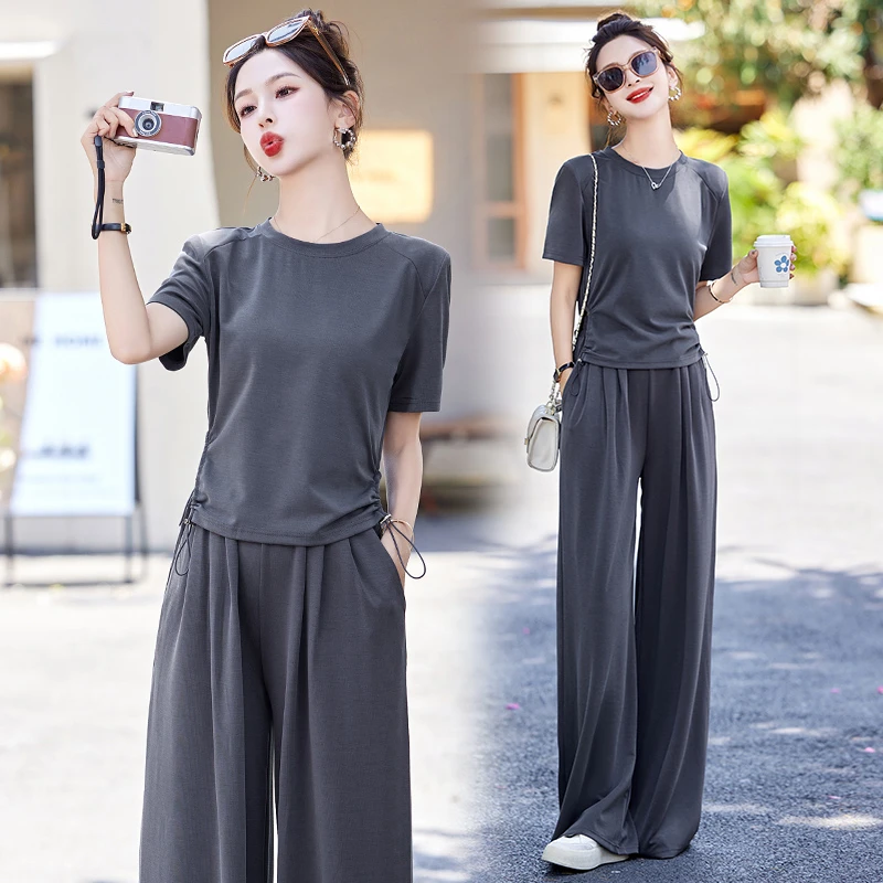 尤莱特时尚休闲气质薄款短袖上衣阔腿裤两件套套装2025夏季新款潮