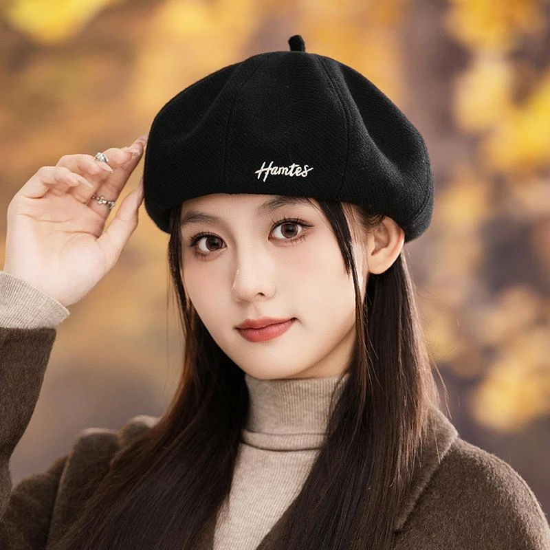韩版甜美百搭刺绣贝雷帽女秋冬户外休闲画家帽大头围显脸小八角帽