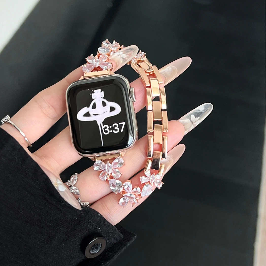 适用iwatchS10苹果s9手表7新款applewatchS8夏蝴蝶锆石金属SE表带