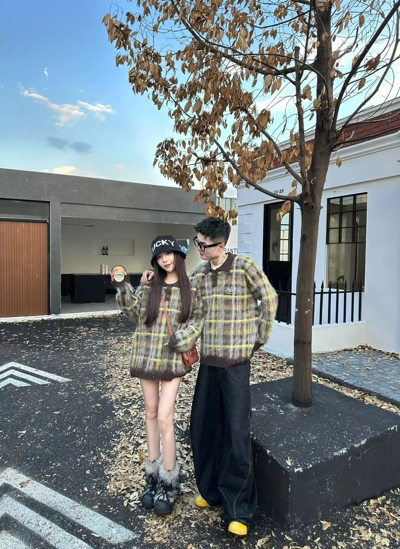 【敏敏专属】复古撞色格纹针织衫小众设计感秋冬学院风情侣开衫毛衣