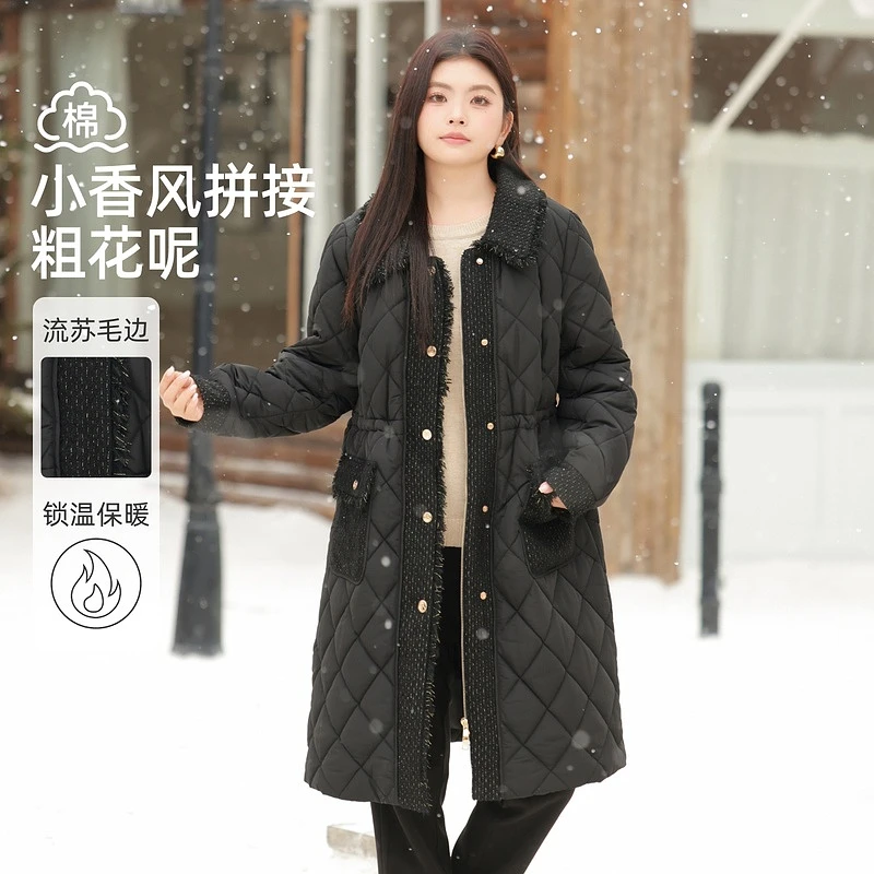 【小香风拼接粗花呢中长款棉服】MsShe大码女装春装外套B2412010