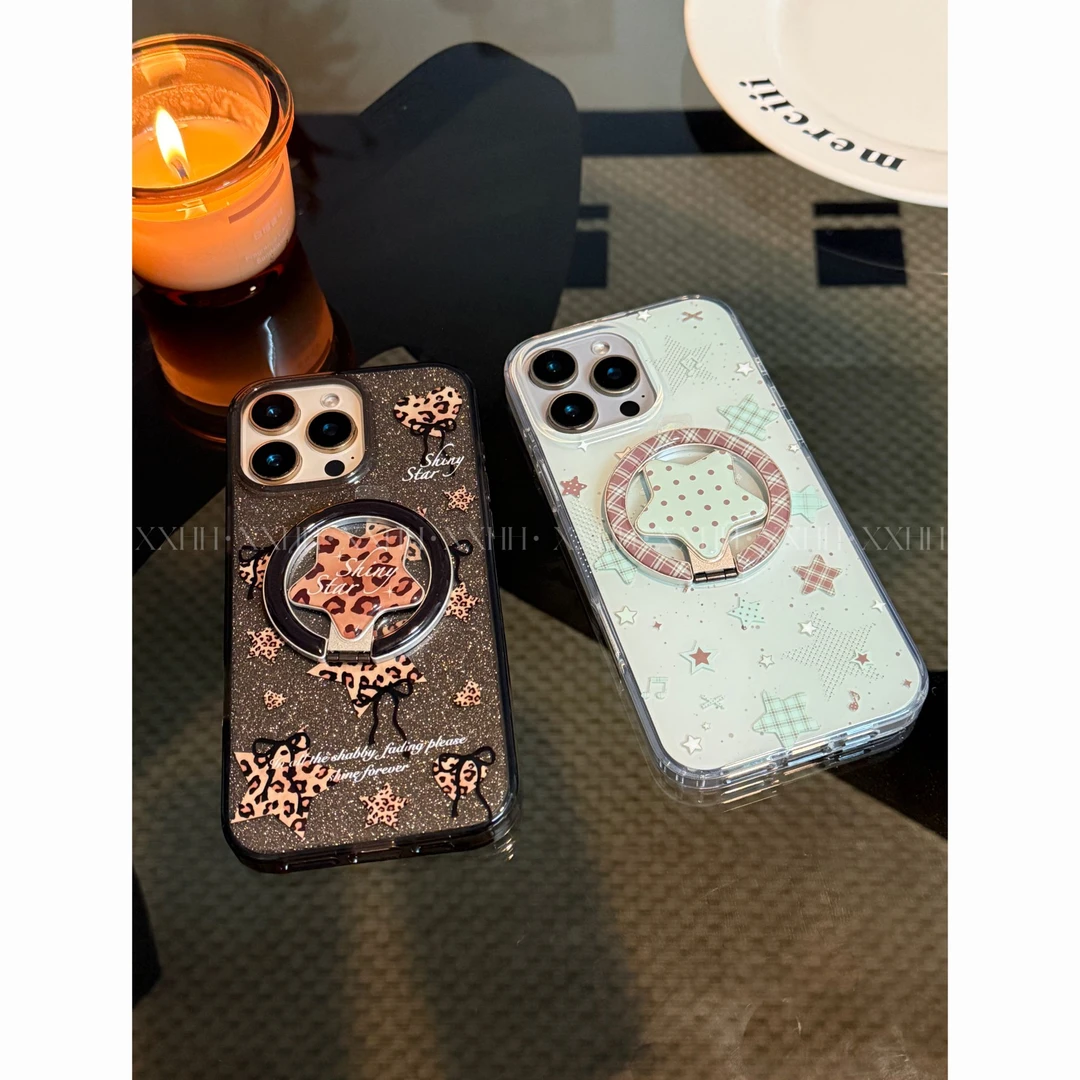 双层磁吸复古个性蝴蝶结豹纹五角星支点支架适用苹果1615手机壳