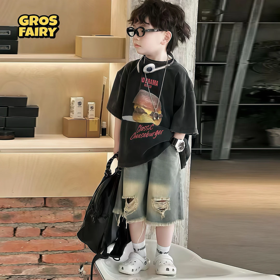 grosfairy男童夏季复古2024新款炸街痞帅短袖百搭宽松阔腿牛仔五