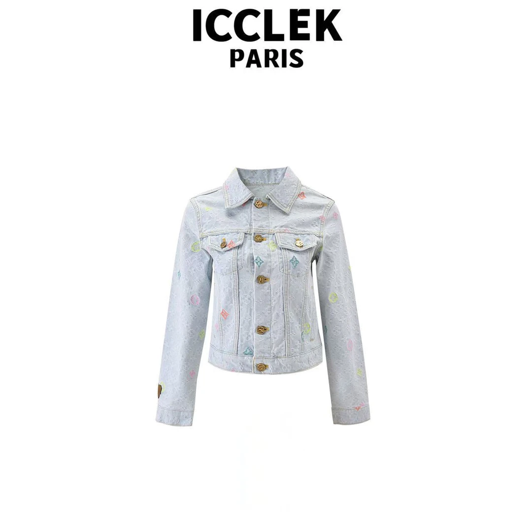ICCLEK 浅蓝色翻领立体印花牛仔短设计感外套休闲外套 - 9010