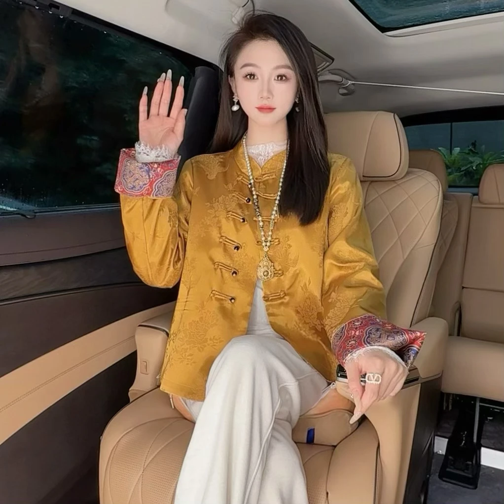 3243【孔雀令】新中式上衣女秋冬季优雅贵气国风提花盘扣挽袖外套
