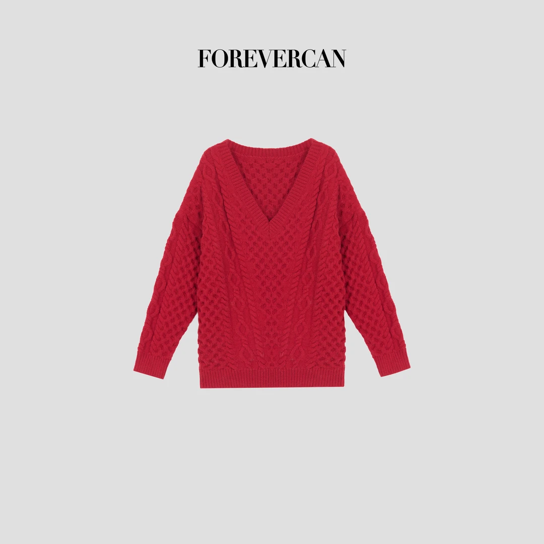 FOREVERCAN“蛇转红运”复古经典纽花V领针织毛衣上衣MY4561