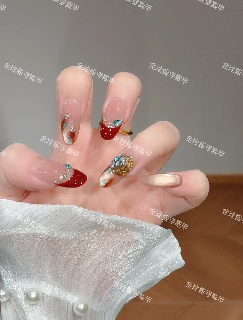 【炙丞绯红】时尚红色香槟满钻高级感成品美甲可拆卸美甲10片装
