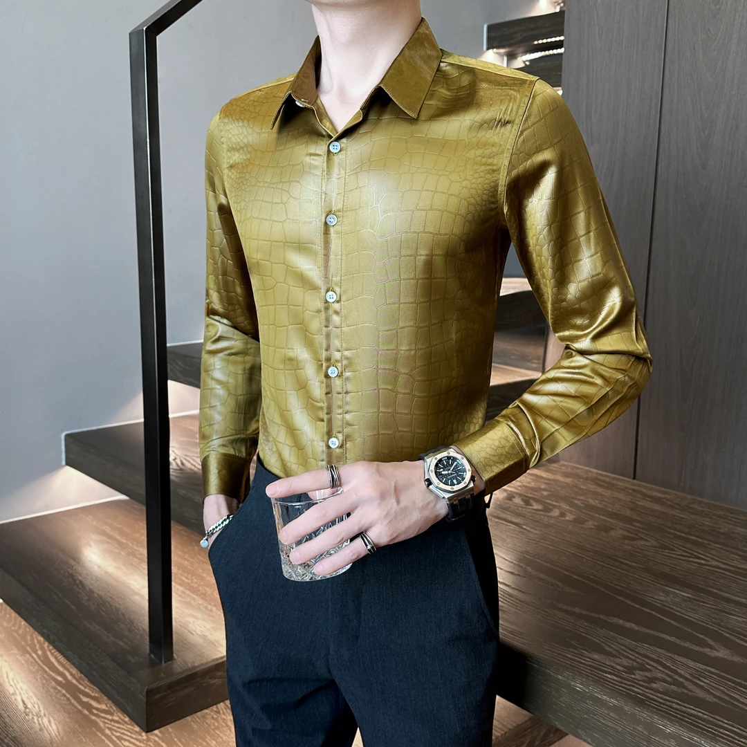 高级感纹理仿皮长袖衬衫男2025秋季新款网红痞帅个性潮流男士衬衣