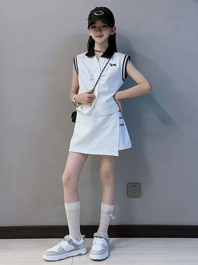 儿童夏季T恤套装2025新款女童衣服高级感薄款女大童polo衫两件套