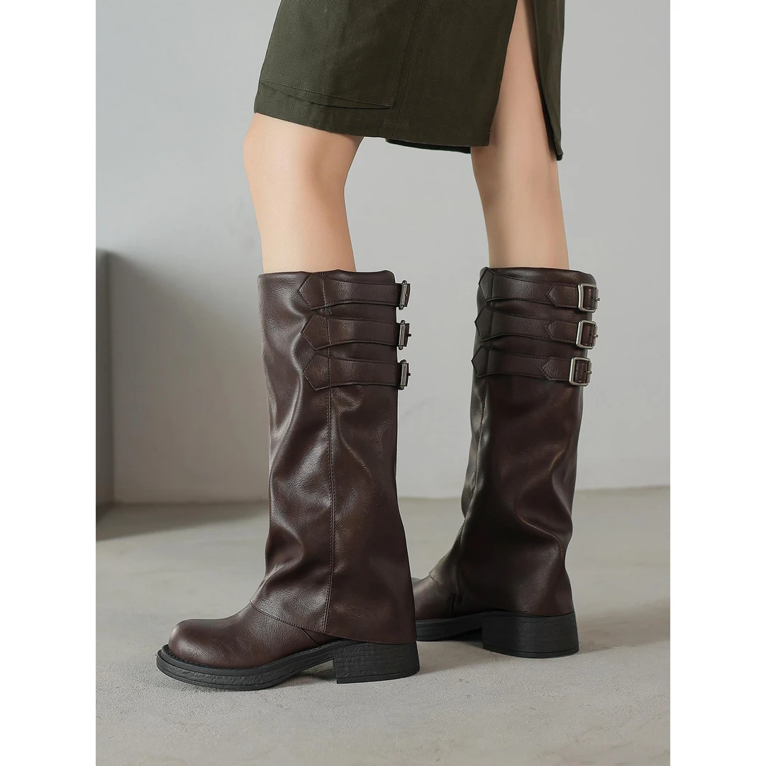 4cm粗跟裤管靴女2025新款真皮百搭骑士靴厚底不过膝长筒堆堆靴子