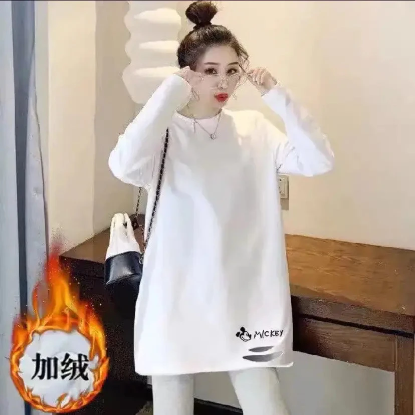 米奇刺绣秋冬加厚打底衫白色t桖女百搭中长款破洞宽松时尚女上衣