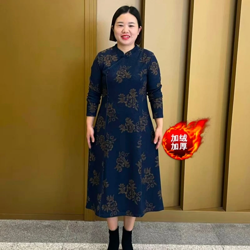 加绒加厚改良旗袍裙遮肉显瘦保暖气质连衣裙