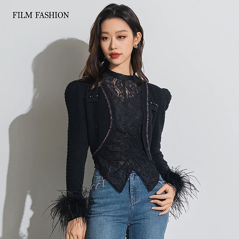 一电影一时装秋季新款钉珠毛织开衫上衣女士气质休闲 FFBM135321