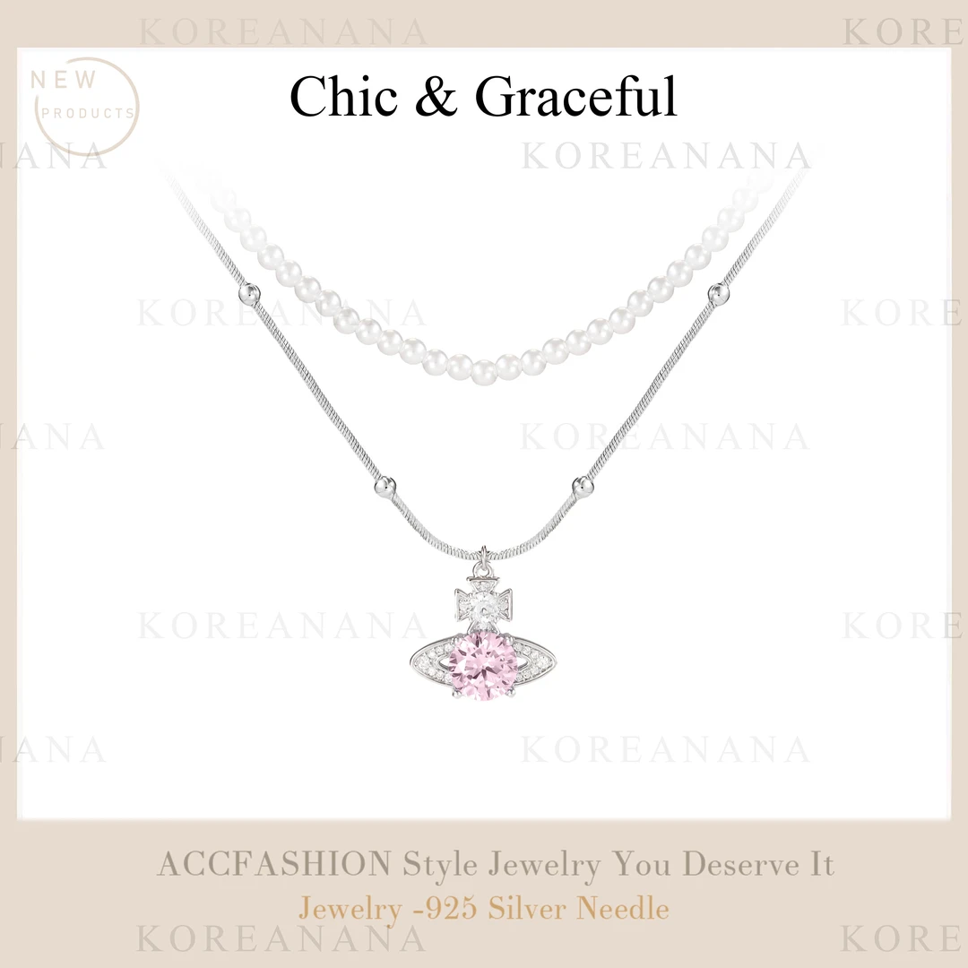 铜合金仿珍珠项链 「玫瑰淡粉飞船」好高级 轻奢双层珠珠项链E176