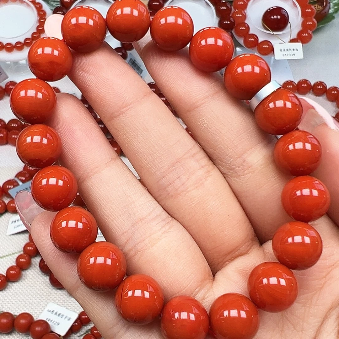 南红玛瑙未镶嵌手串精品 九口老料满肉柿子红卡10+
