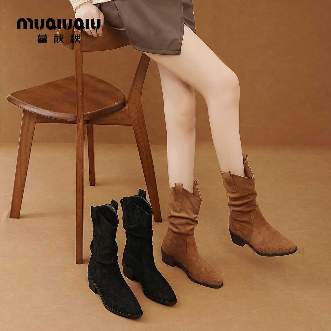 暮秋秋牛仔靴女2025秋冬粗跟短靴套筒褶皱堆堆靴中筒骑士靴【潮流】