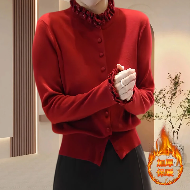 小个子红色木耳边针织开衫女长袖单排扣洋气百搭气质外套时尚毛衣