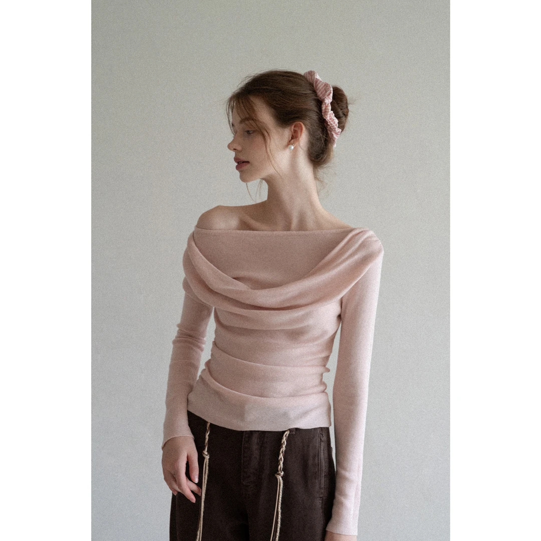 EGGKA秋款荡领收腰长袖针织上衣打底显瘦长袖E25A8116AF