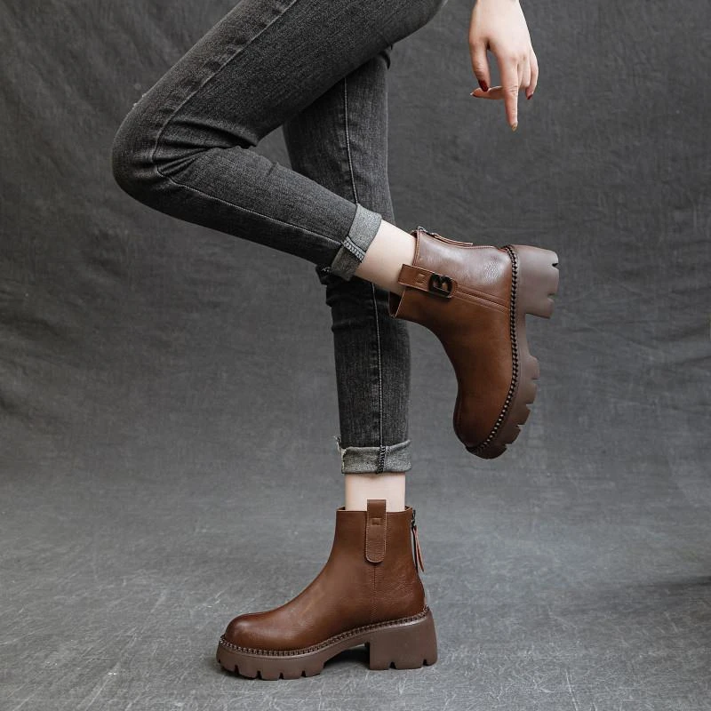 万达撤柜头层牛皮厚底短靴加绒加厚2025秋冬切尔西马丁靴防滑显瘦