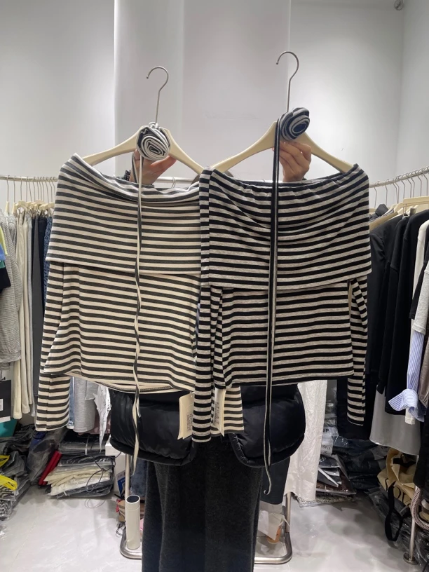 针织短款长袖杂志风T恤可拉斜肩可拉一字肩