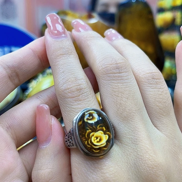 琥珀银S925镶嵌颈饰戒指