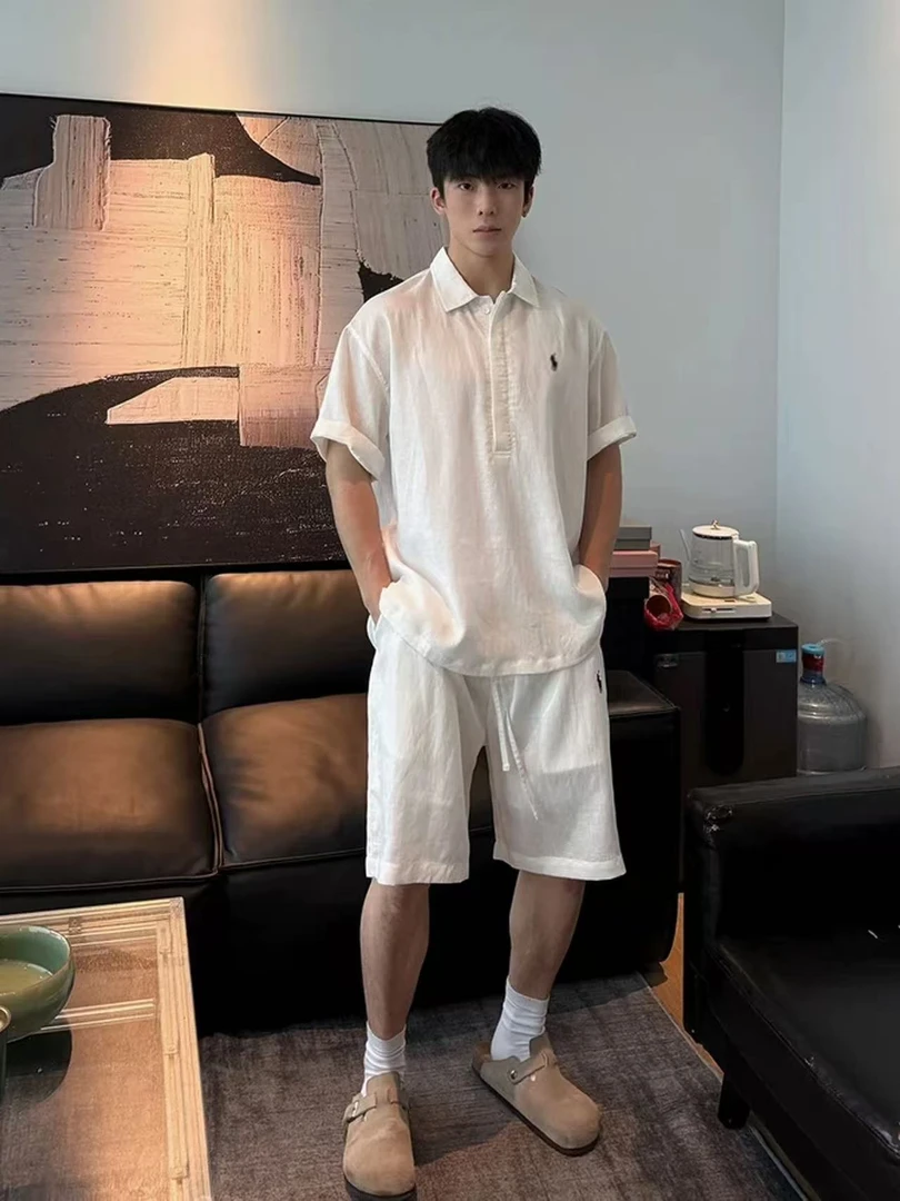 【亚麻套装】25夏季老钱风小标极简天丝亚麻POLO衫短袖短裤男潮套装